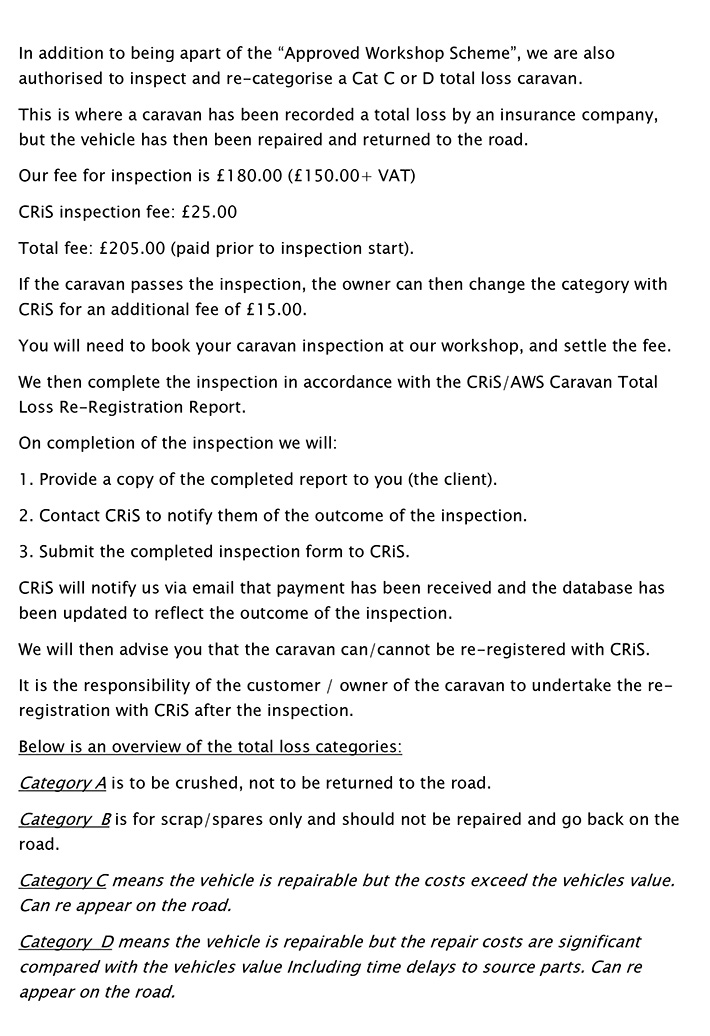 CRIS Category A,B,C,D caravan inspections and CRIS total loss re-registration explanation